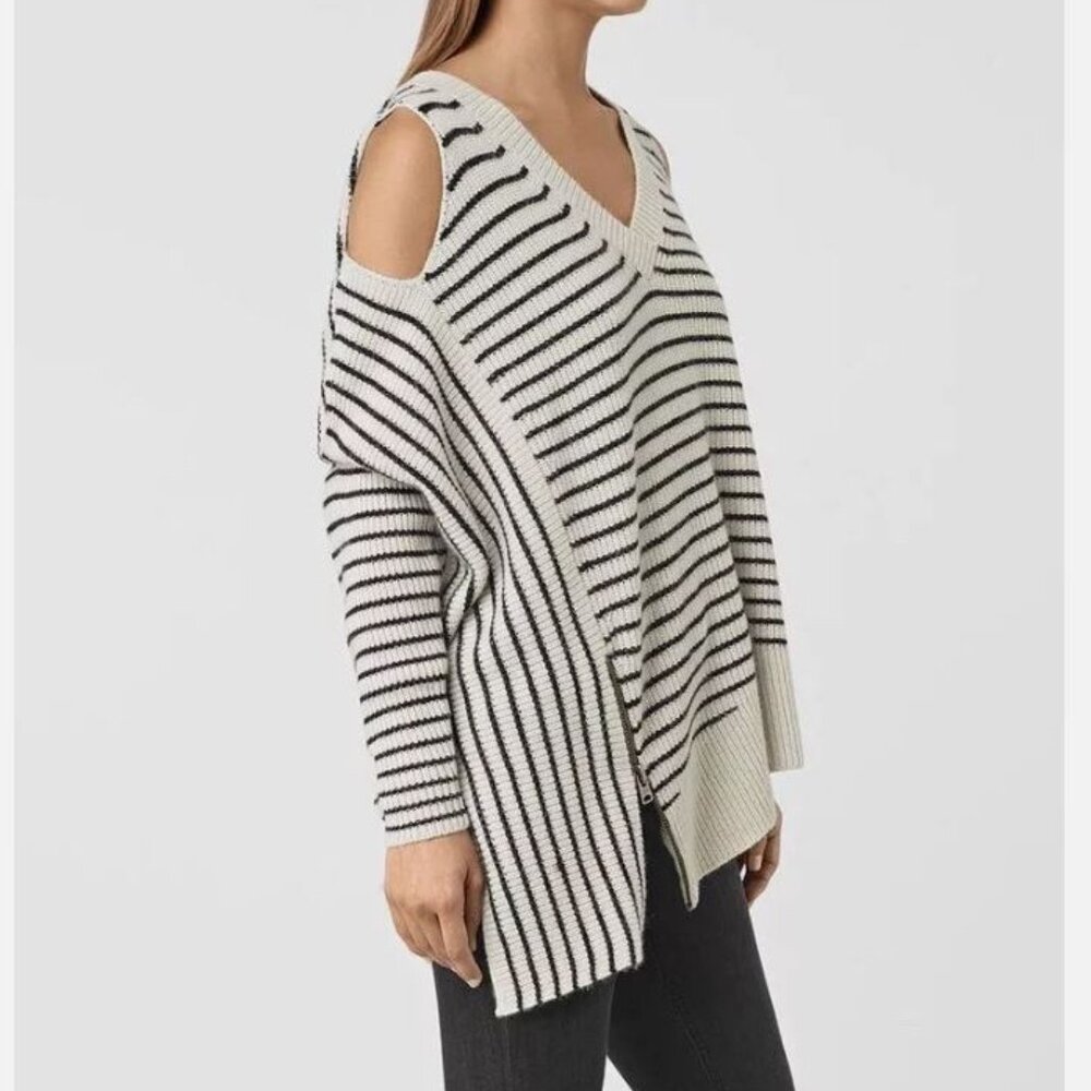All Saints Able Striped‎ Open Shoulder Black/Beige Wool Blend Sweater Size M